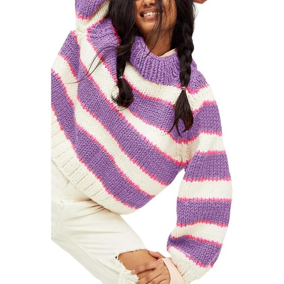 Women's Stripe Pullover Sweater Turtleneck Ribbed Top Chunky Knitwear Purple - Picture 2 of 4